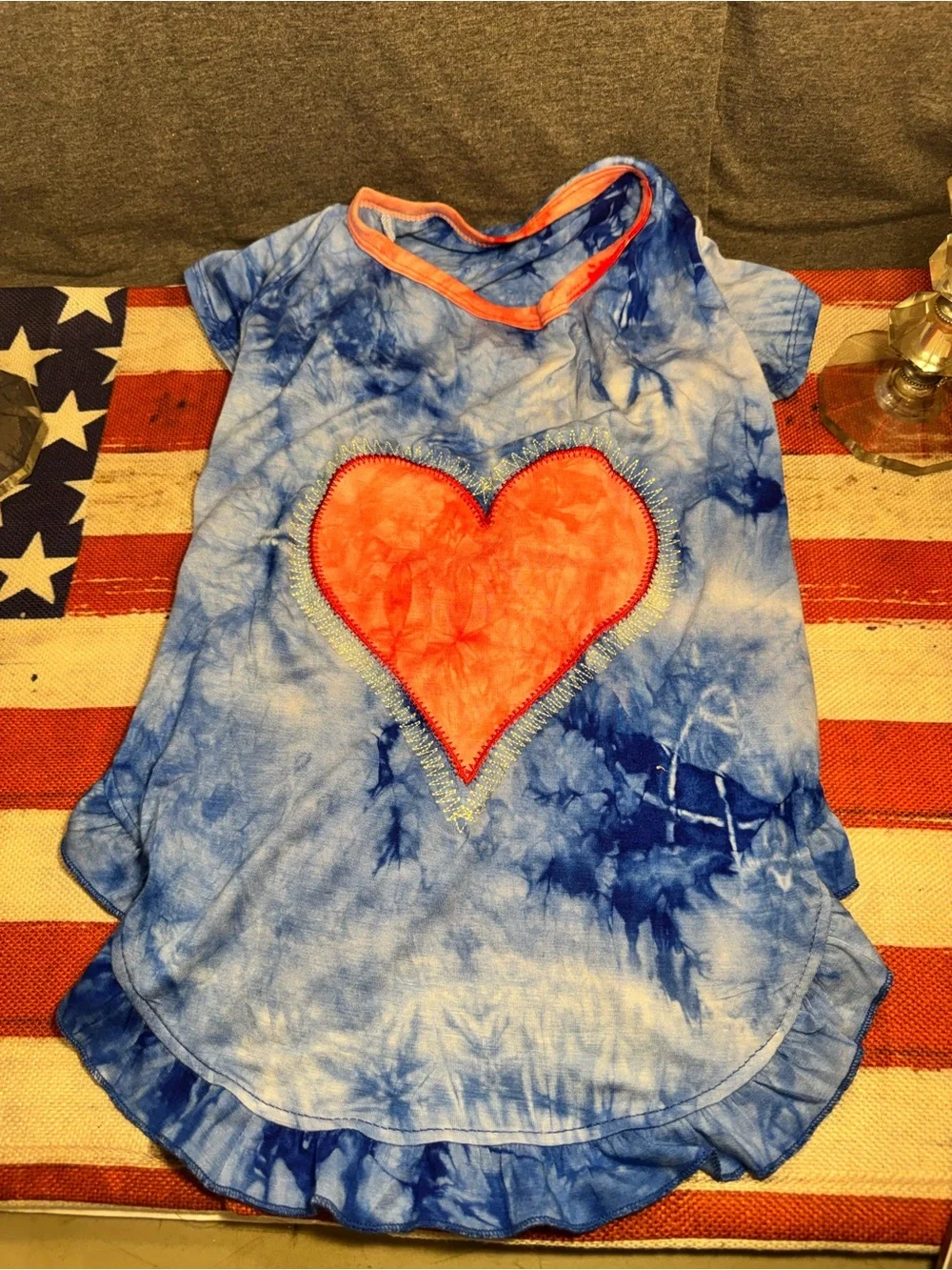 Blue Tie-Dye Dog Tee with Coral Heart Accent
